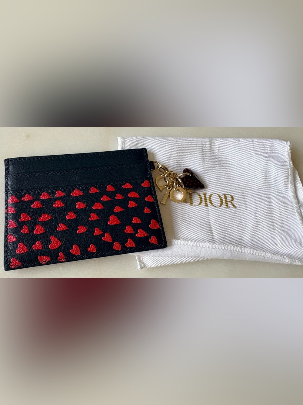 Dior special edition “J’aime Paris” card holder - navy blue & red hearts & charm